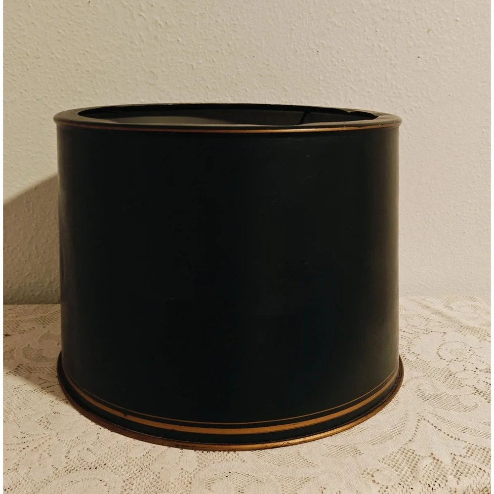 Vintage 1940s Metal Black And Gold Drum Lamp Shade Eastern Art Studios
